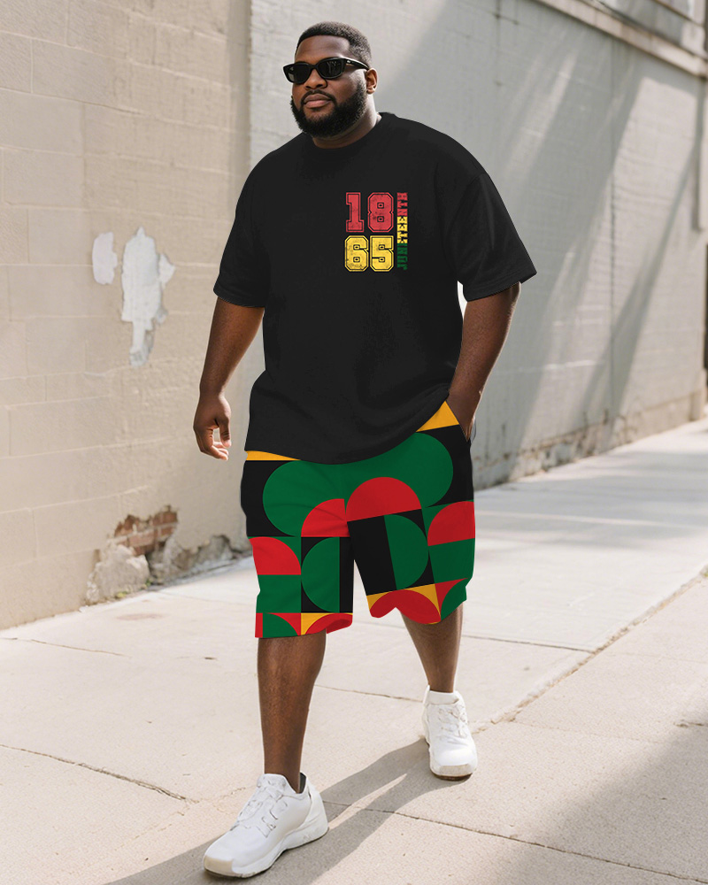 Men's Plus Size Juneteenth Letter Geometric Print Round Neck Short Sleeve T-Shirt Shorts Suit