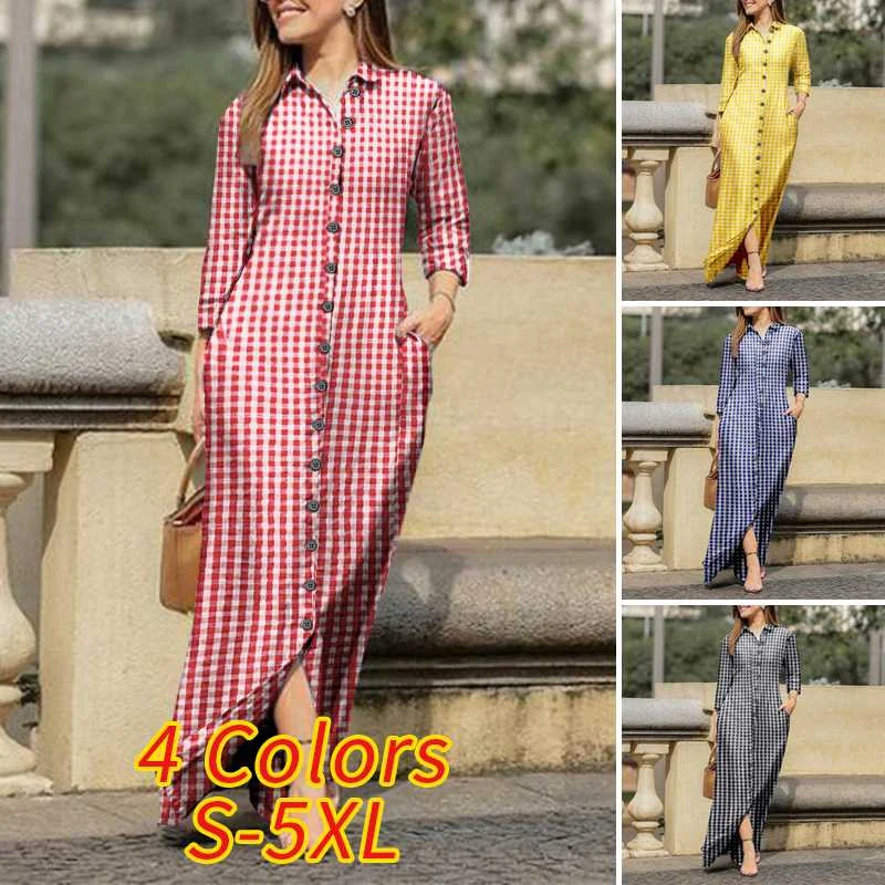 VONDA Women Long Sleeve Long Maxi Dress Summer Vintage Checked Plaid Turn Down Neck Shirt Dresses Button Up Party Vestidos Robe