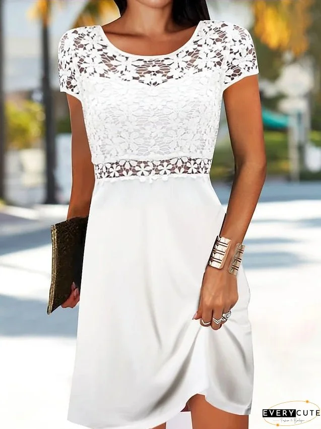 Casual Dress Lace Dress White Dress Mini Dress Lace Outdoor Daily Date Fashion Streetwear Crew Neck Short Sleeve Regular Fit White Color S M L XL XXL Size for Women
