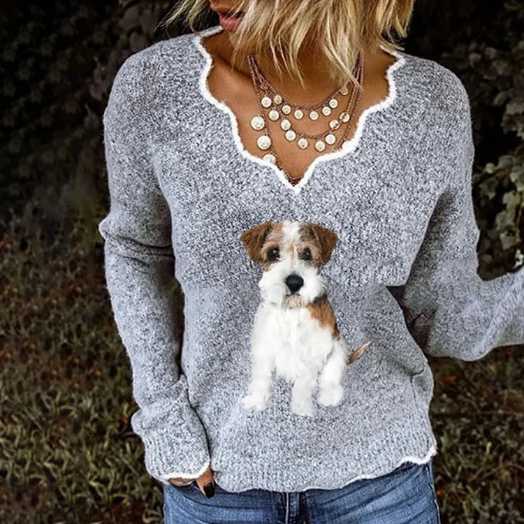 Women s Fuzzy Dog Print V Neck Cozy Knit Sweater