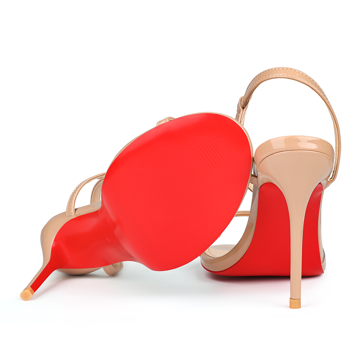 100mm Women's  Red Bottom  Sandals Stiletto Spotlight Wavy Straps High Heels Ankle Strap Studs Shoes-MERUMOTE