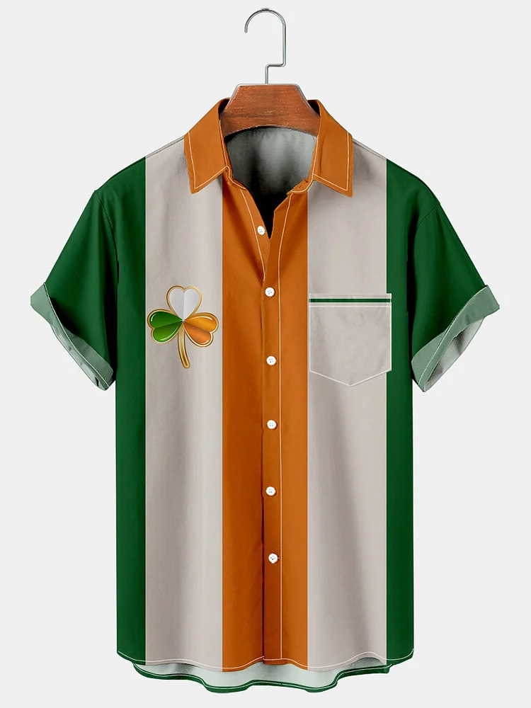Men's St Patrick’s Day Green Shamrock Print Casual Breathable Short Sleeve Hawaiian Shirts
