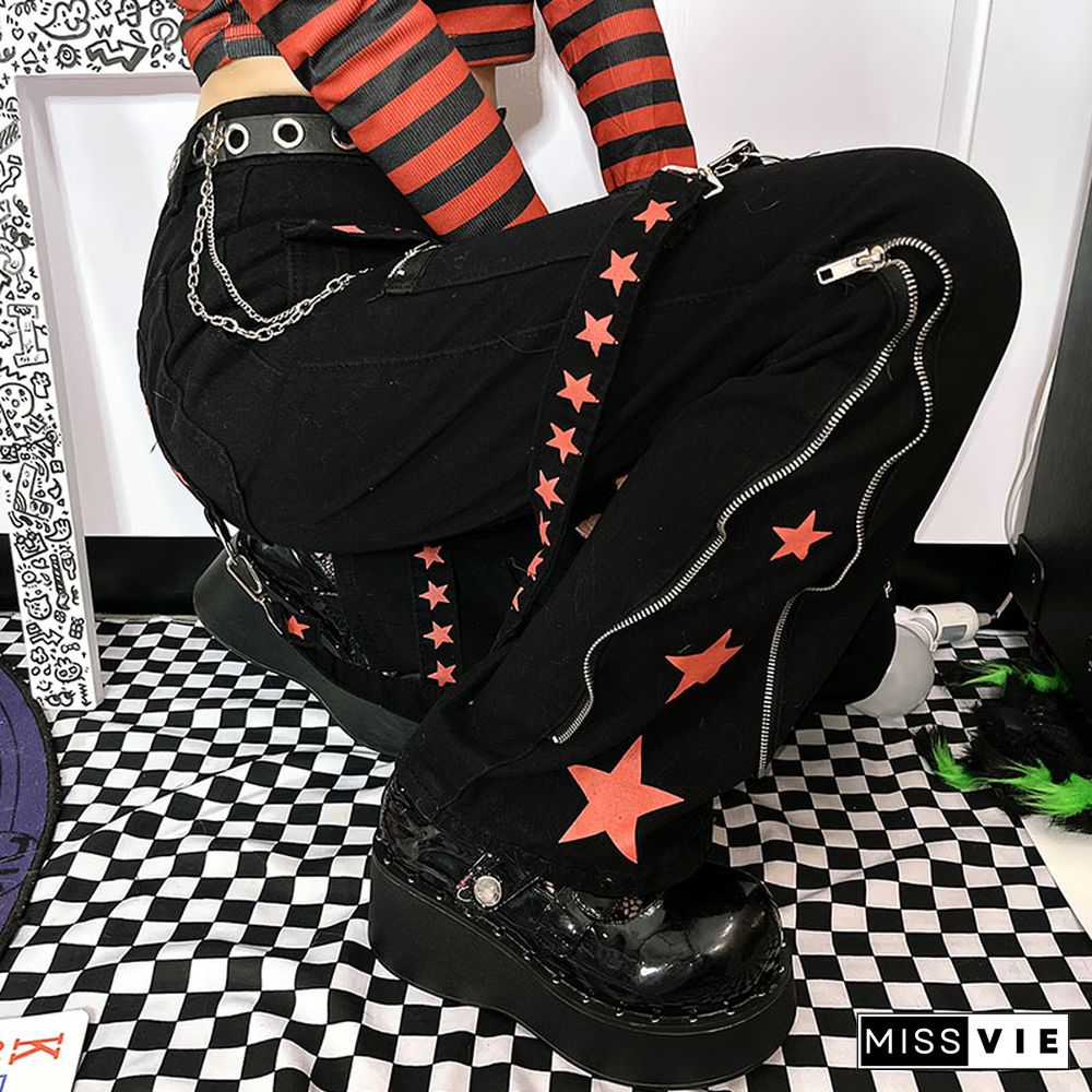 Star Print Ribbon Pocket Casual Denim Pants