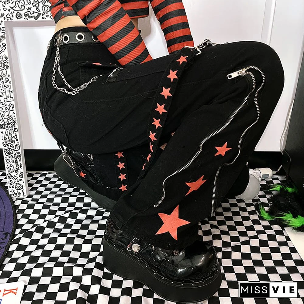 Star Print Ribbon Pocket Casual Denim Pants