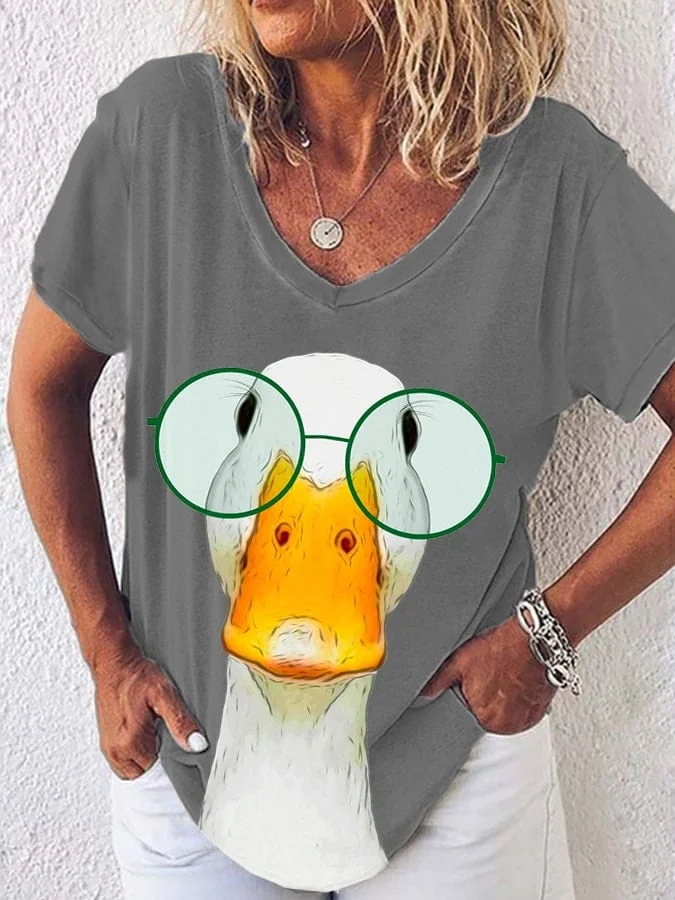 Women's Funny Glasses Animal Duck Print V-Neck T-Shirt socialshop
