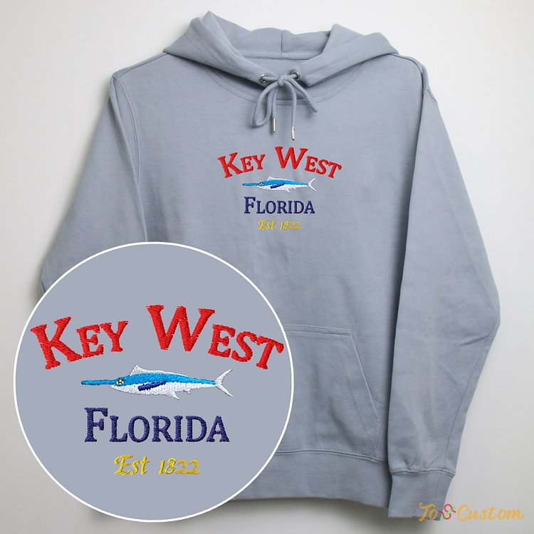 TOSCUSTOM™ Key West Embroidered Hoodie Vintage Florida Marlin Design Sweatshirt