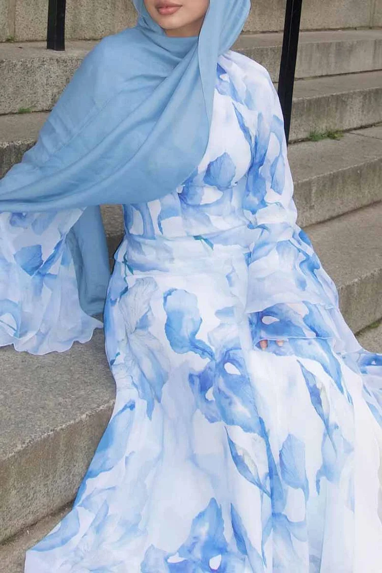 【美人百花掲載】 美品V NECK FLARE TIERED DRESS Floral Print Layered Flare Sleeve V Neck Maxi Dresses
