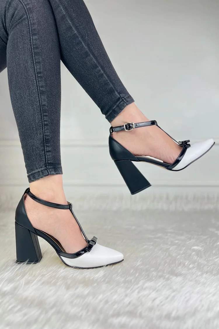 T-Strap Buckle Colorblock Pointed Toe White Chunky Heels [Pre Order]