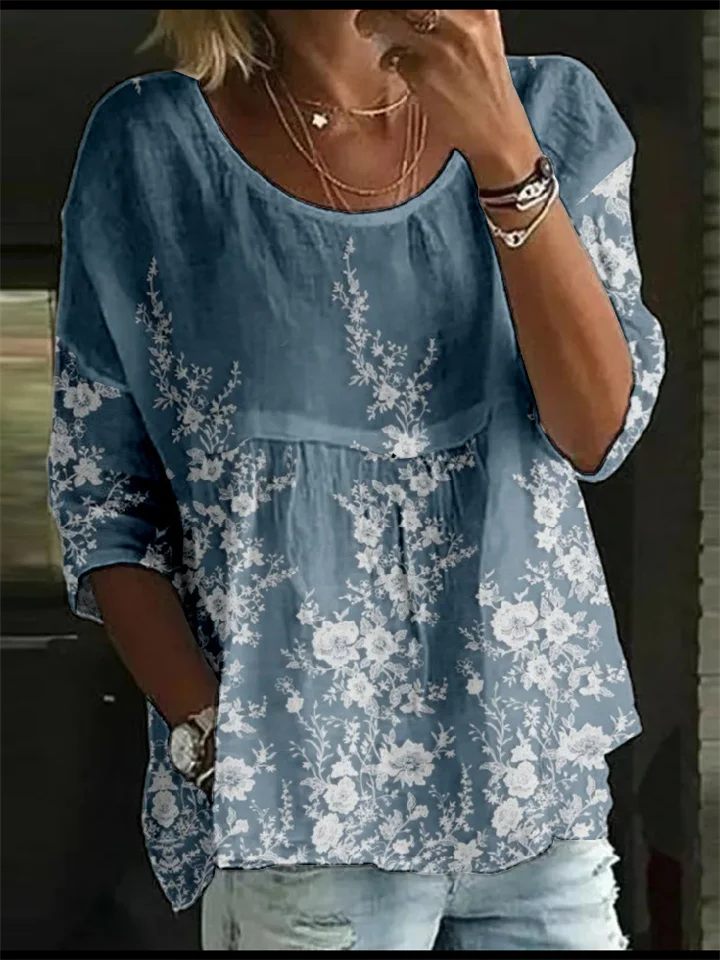 Women's T-Shirt Loose Printed Mid Sleeve Pleated Round Neck Top