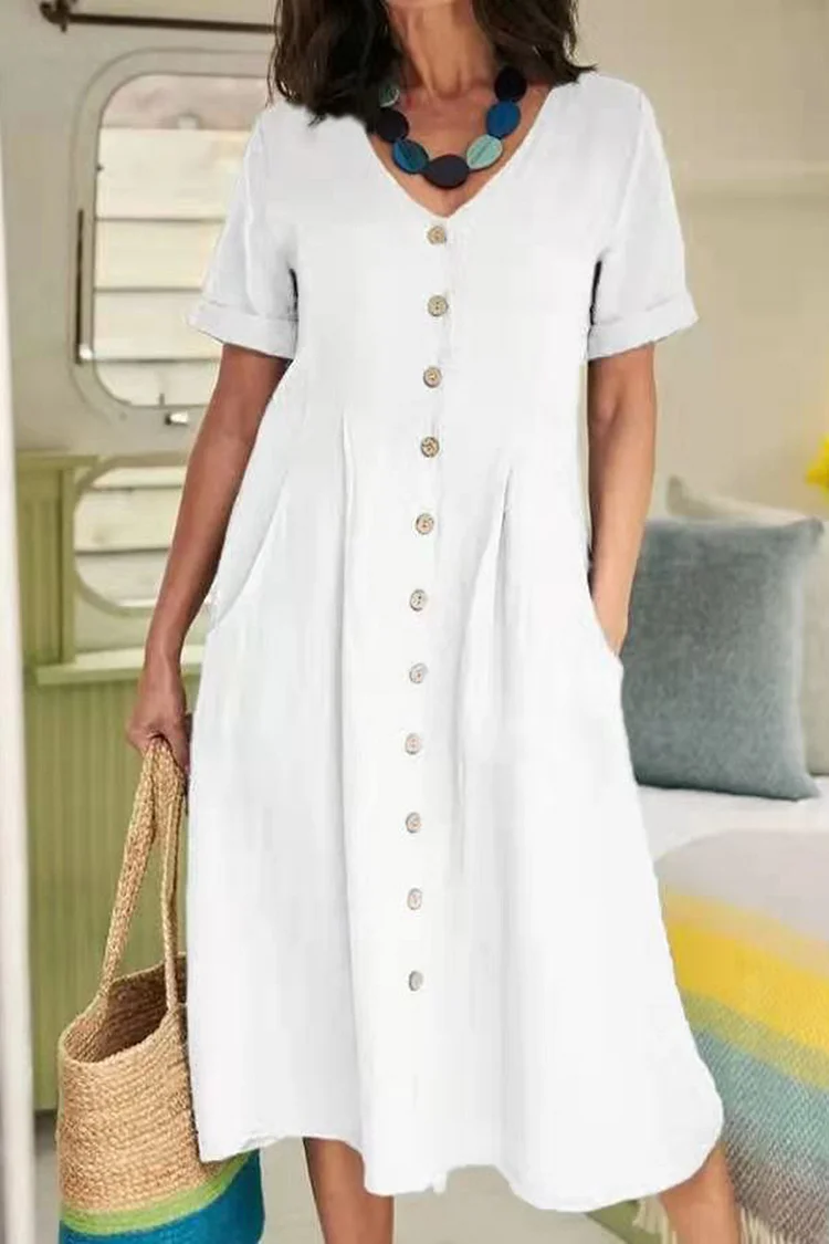 V Neck Button Up Side Pocket Short Sleeve Plain Linen Midi Dresses
