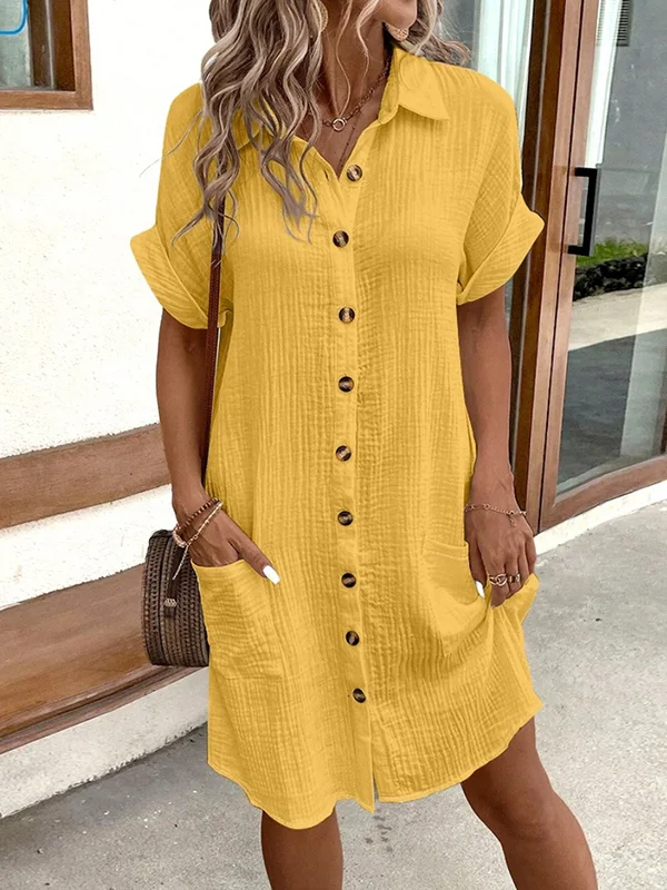 Buttoned Fringed Pleated Pockets Split-Joint Long Sleeves Loose Lapel Mini Dresses