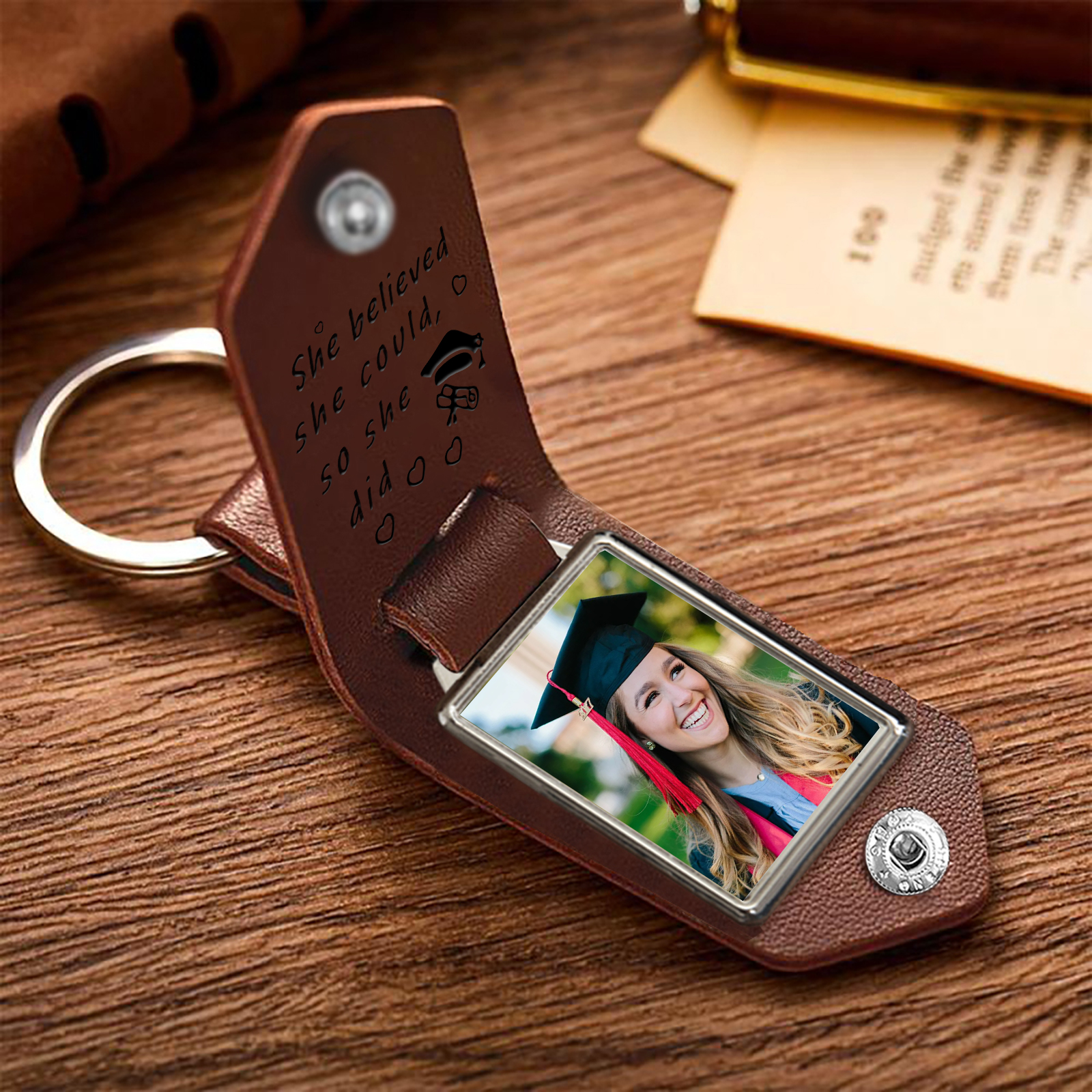 Personalised Graduation Leather Keychain Custom Name & Photo Keychain Graduation Gift - She Believed She Could, So She Did-Jessemade AU