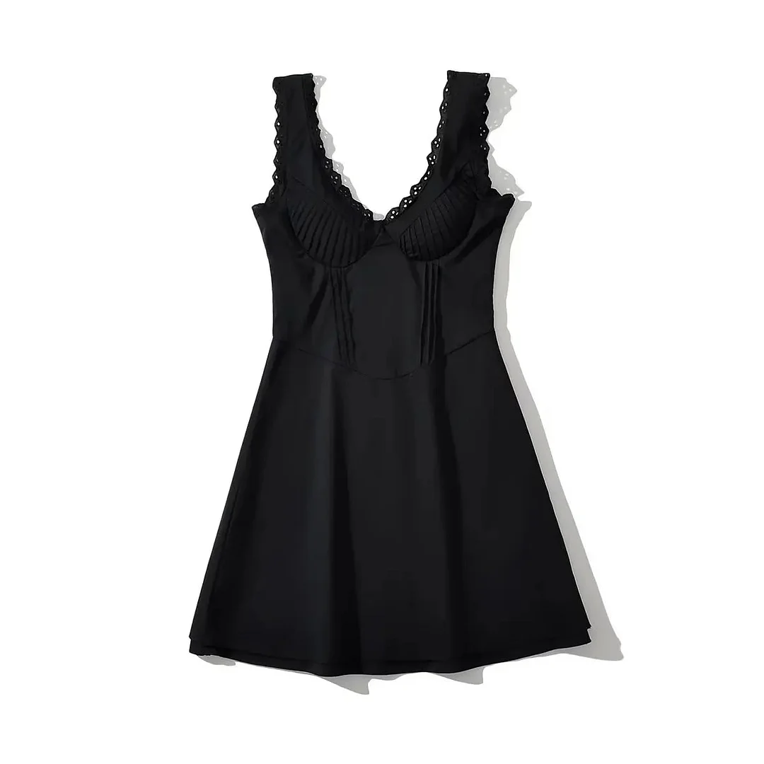 Tlbang 2024 Women Black Lace Trim Party Mini Dress Sexy V Neck Sleeveless Female A-line Slim Summer Dresses