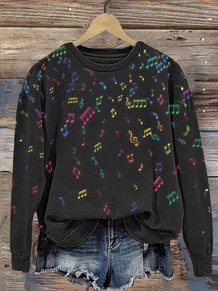 Comstylish Colorful Musical Notes Print Casual Cozy Sweatshirt