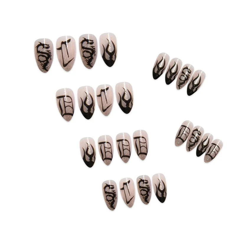 24 PCS Pointed Tip Glossy Fake Fingernails Dark Gothic Halloween makeup False Nail Tips Full Cover Press on Nails Tips With Glue 515-Nail Inspo