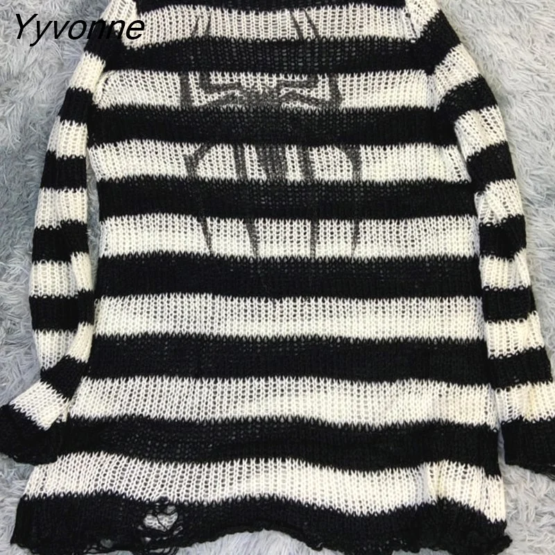 Yyvonne Size Punk Gothic Long Unisex Sweater Dress Cool Hollow Out Hole Broken Jumper Loose Rock Thin Sweter 2023 Women Man Striped 305-0