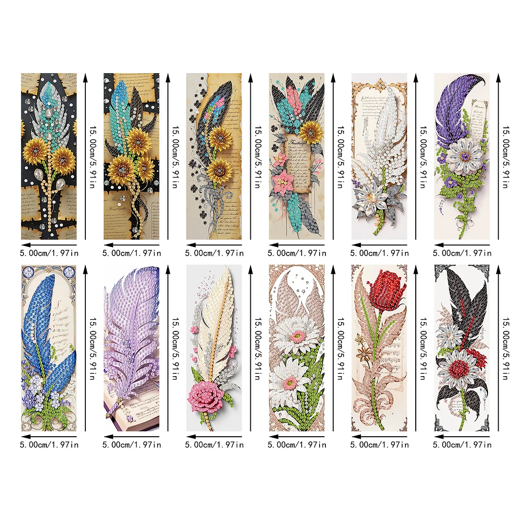 12Pcs Feathers Flowers DIY Diamond Art Painting Bookmark for Reading Enthusiasts