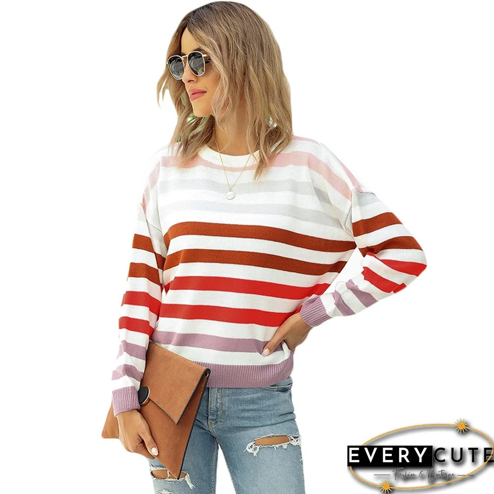 Pink Multicolor Striped Pullover Sweater