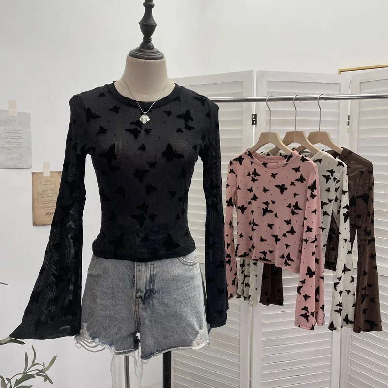 Churchf Real Shooting Spice Girl Butterfly Shiny Shiny Mesh Yarn Long-Sleeved T-Shirt Horn Sleeve Short Repair Body Jacket 8031