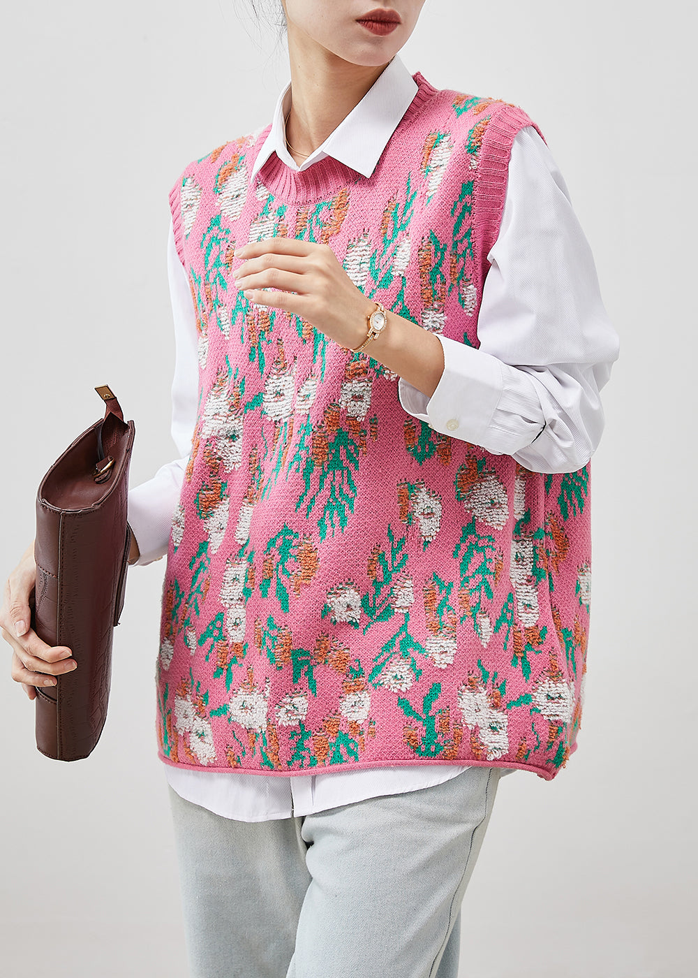 modern-pink-jacquard-knit-pullover-vests-winter