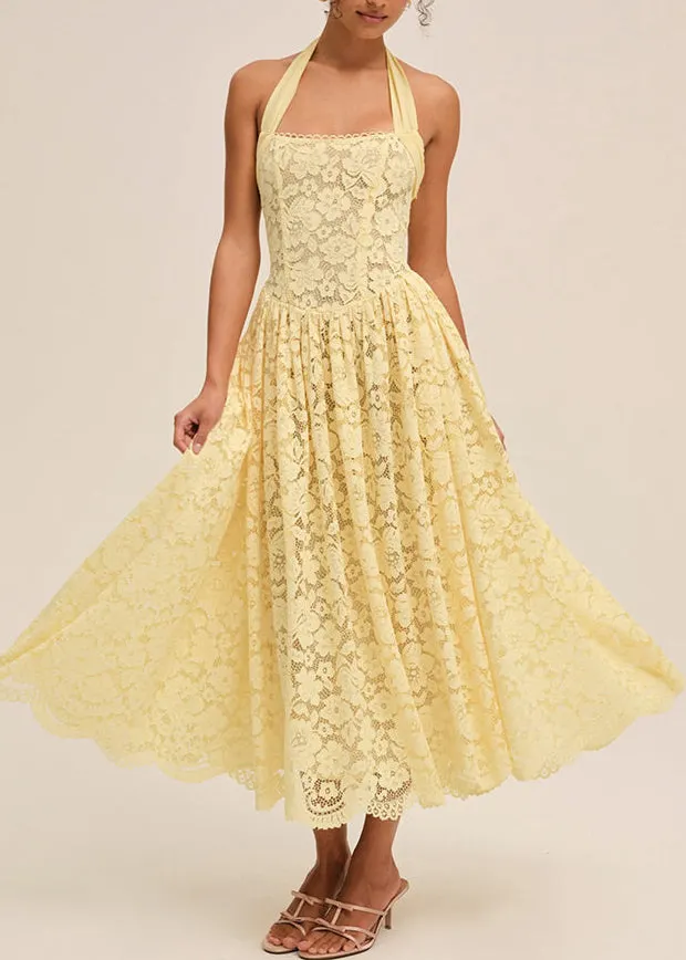 Fashion Yellow Hanging Neck Backless Lace Strapless Dress