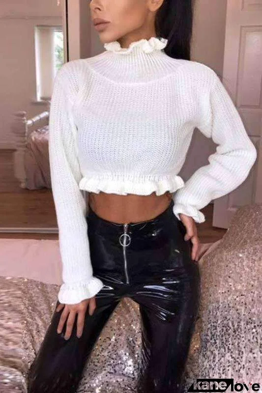 Pleated Edge Solid Color Crop Sweater