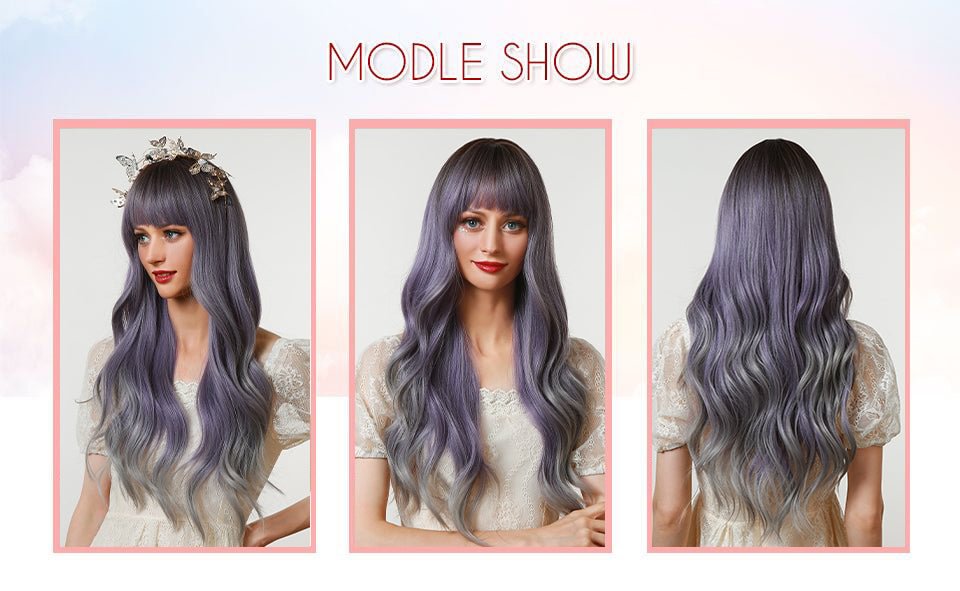 Ombre | Purple Grey | Sprit Wavy | Long | Hair Bangs | Synthetic Wig | 22 inches |