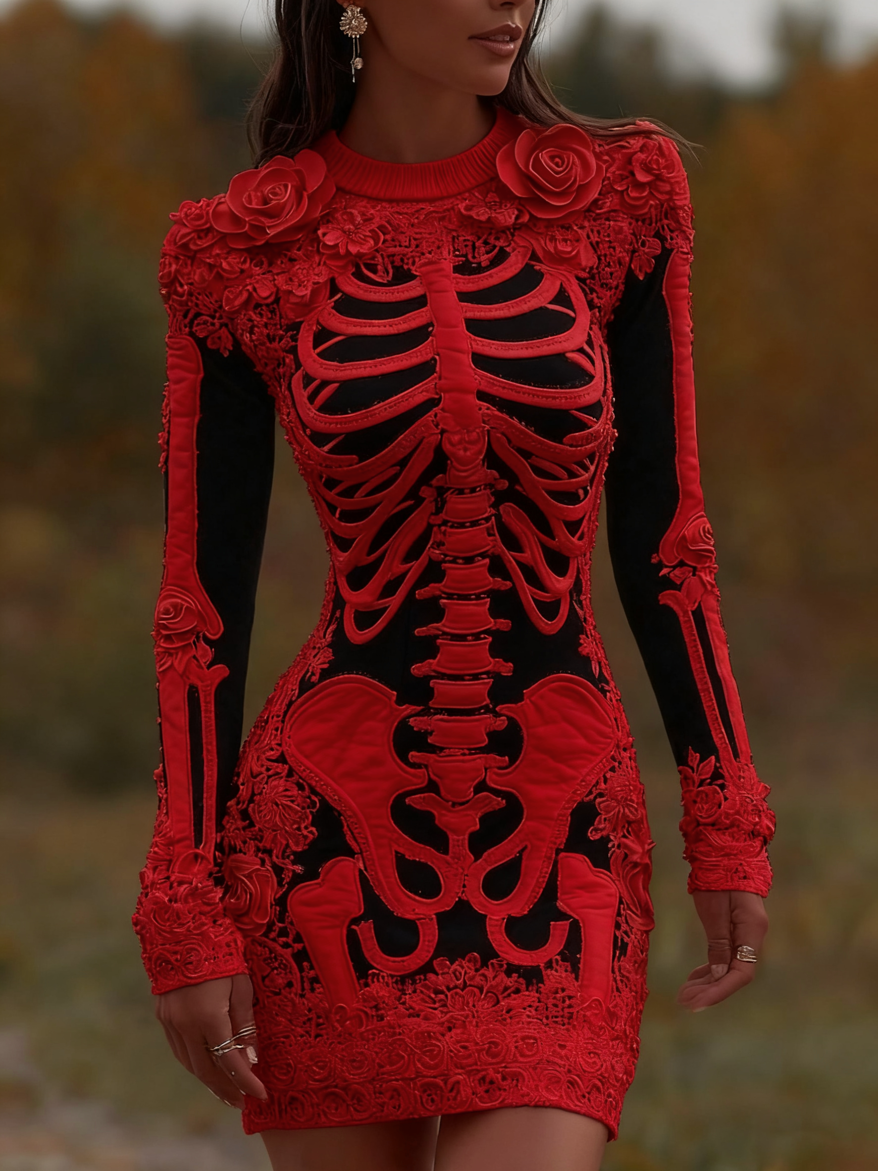 Women's Vintage Halloween Skeleton Bones With Rose Art Cozy Knit Mini Sweater Dress elevenforest