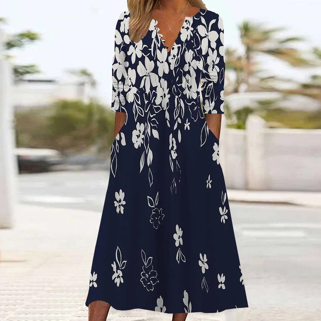 Women Floral,Blue DZHB8274 Long Sleeve V-Neck Graphic Printed Midi Dress