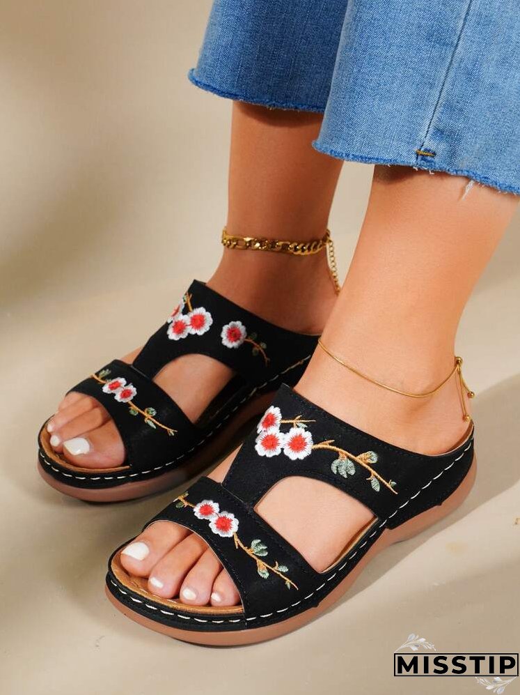 Floral Embroidery Wedge Sandals