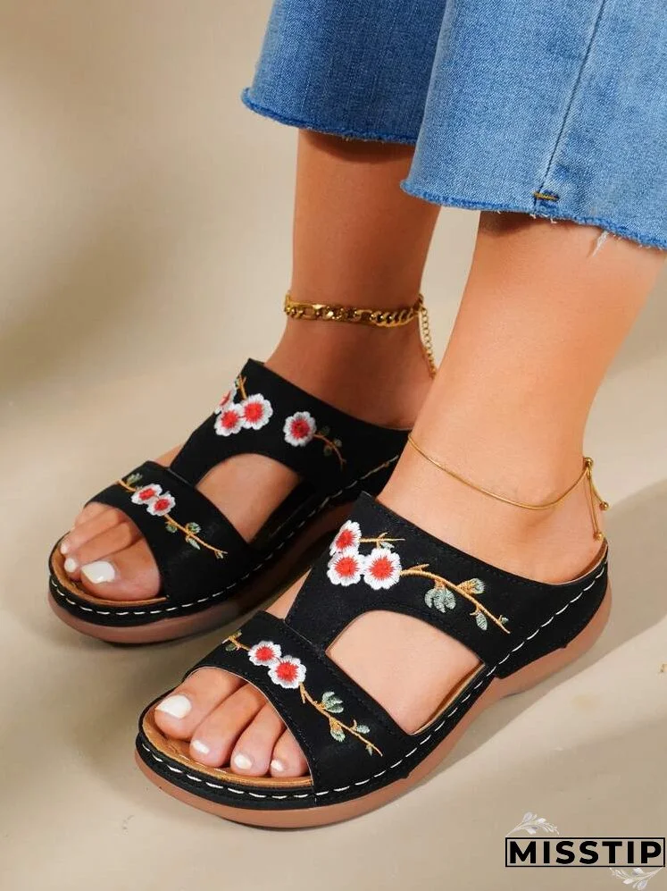 Floral Embroidery Wedge Sandals