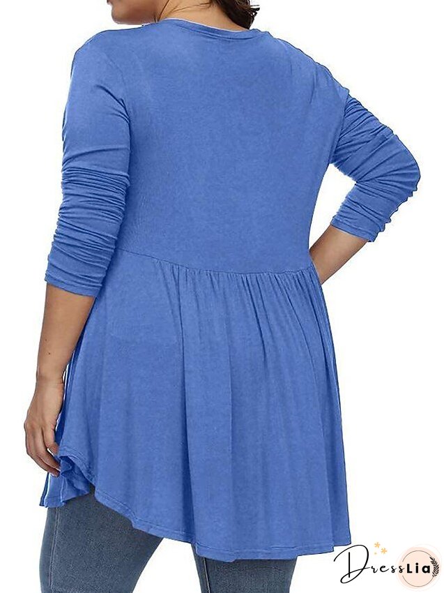 T shirt Tee Light Blue claret Deep Purple Plain Button Flowing tunic Long Sleeve Daily Weekend Basic V Neck Long Plus Size L for Women