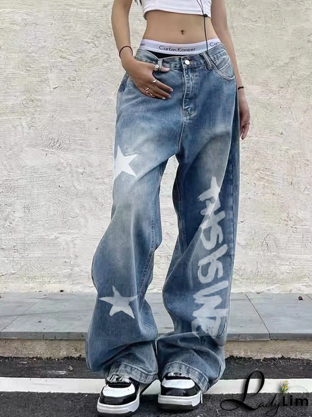 Washed Star Letter Print Boyfriend Jeans