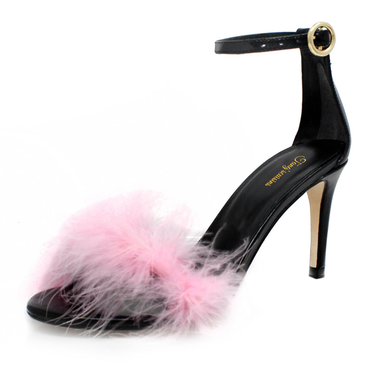 Black & Pink Feather Stiletto Heel Ankle Strap Dress Sandals for Women Nicepairs
