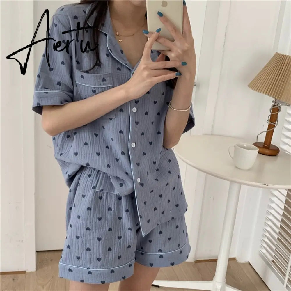Lovely Heart Print Summer Pajamas Set Women Single Breasted Shirts + Shorts Set Two Piece Home Suit Cotton Sweet Kawaii Aiertu