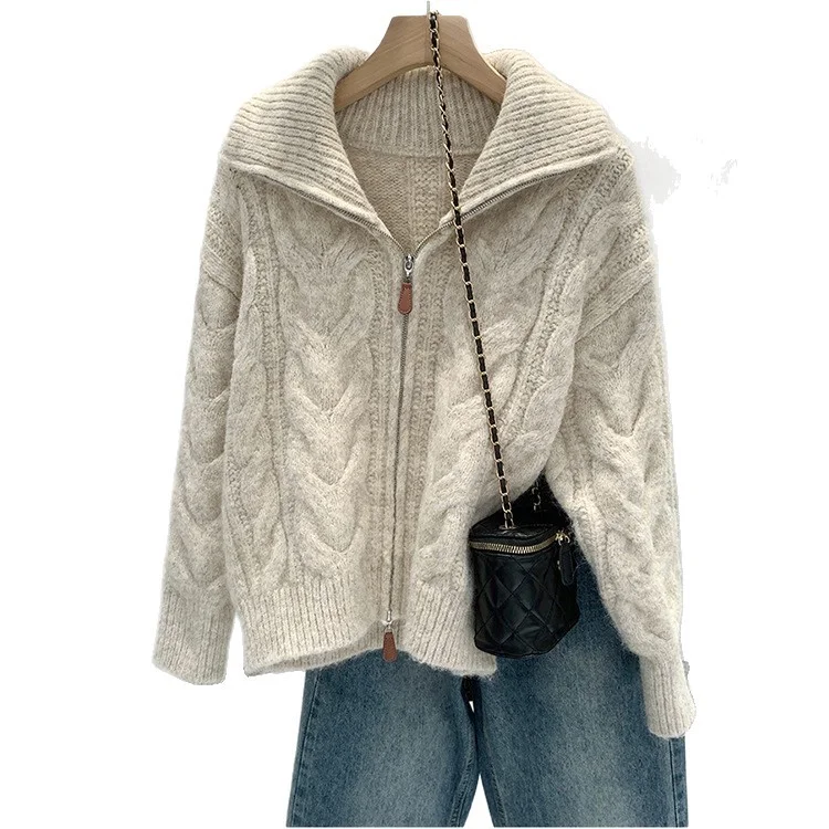 Athvotar Athvotar Version Of Double Zippered Strand Sweater Coat Women's 2025 Winter Design Sense Of The Collar Plus Thick Long-Sleeved Knitted Open Shirt