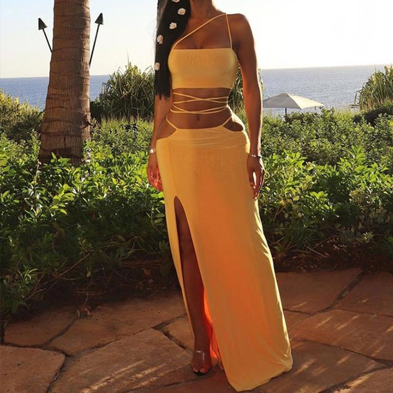 Gentillove Strapless Crop Top and Long Dress Two Piece Set Yellow Women Summer Outfits Slit Party Club Vacation Beach Maxi Dress