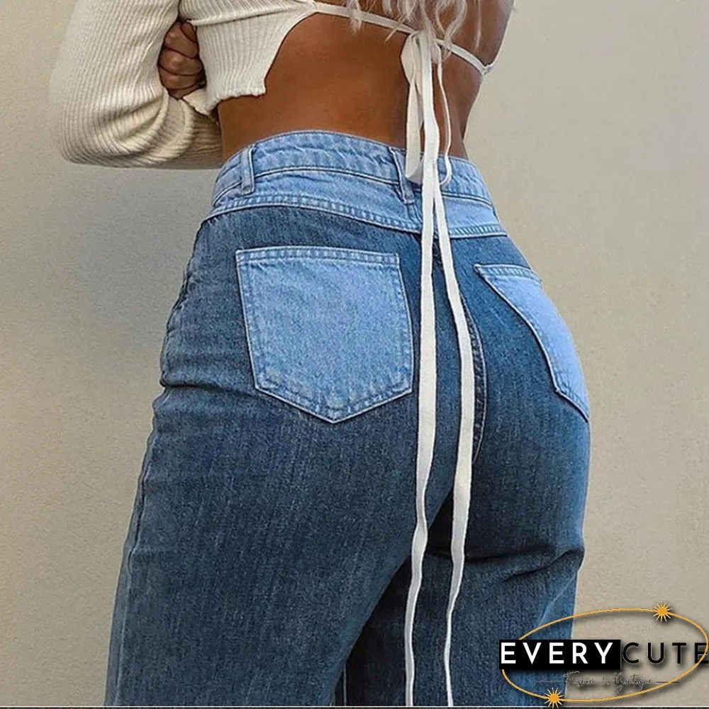 Patchwork Stitch Color Block Slim Fit Straight Leg Jeans Ripped Denim Pants