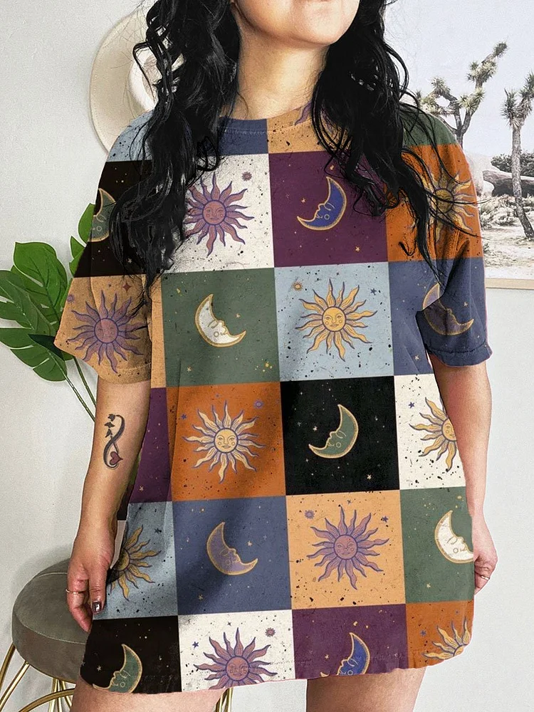 Women's Sun And Moon Art Print Crew Neck Causl Shirt