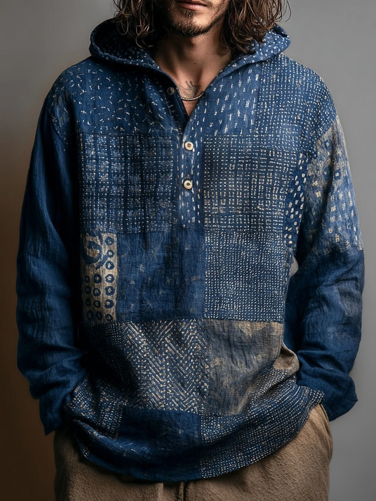 Men's Vintage Patchwork Pattern Hooded Linen Shirt  artssus