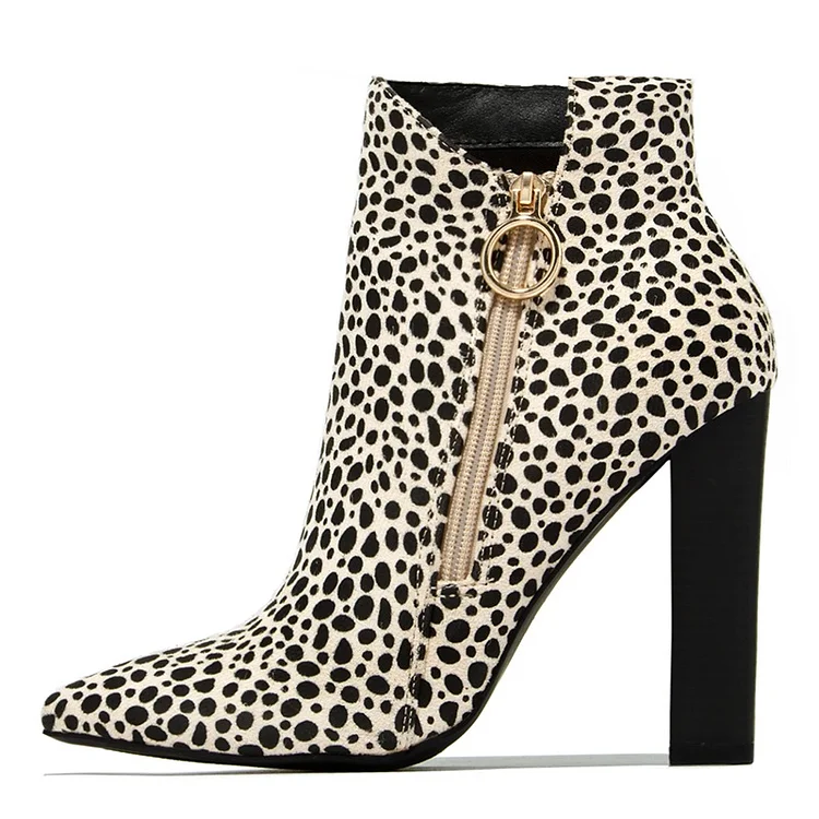 Beige Suede Leopard Print Boots Zipper Chunky Heel Ankle Boots |FSJ Shoes