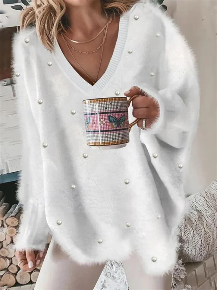 Autumn and Winter New Explosive Models V-neck Beaded Solid Color Sweater Women's Tops-JRSEE
