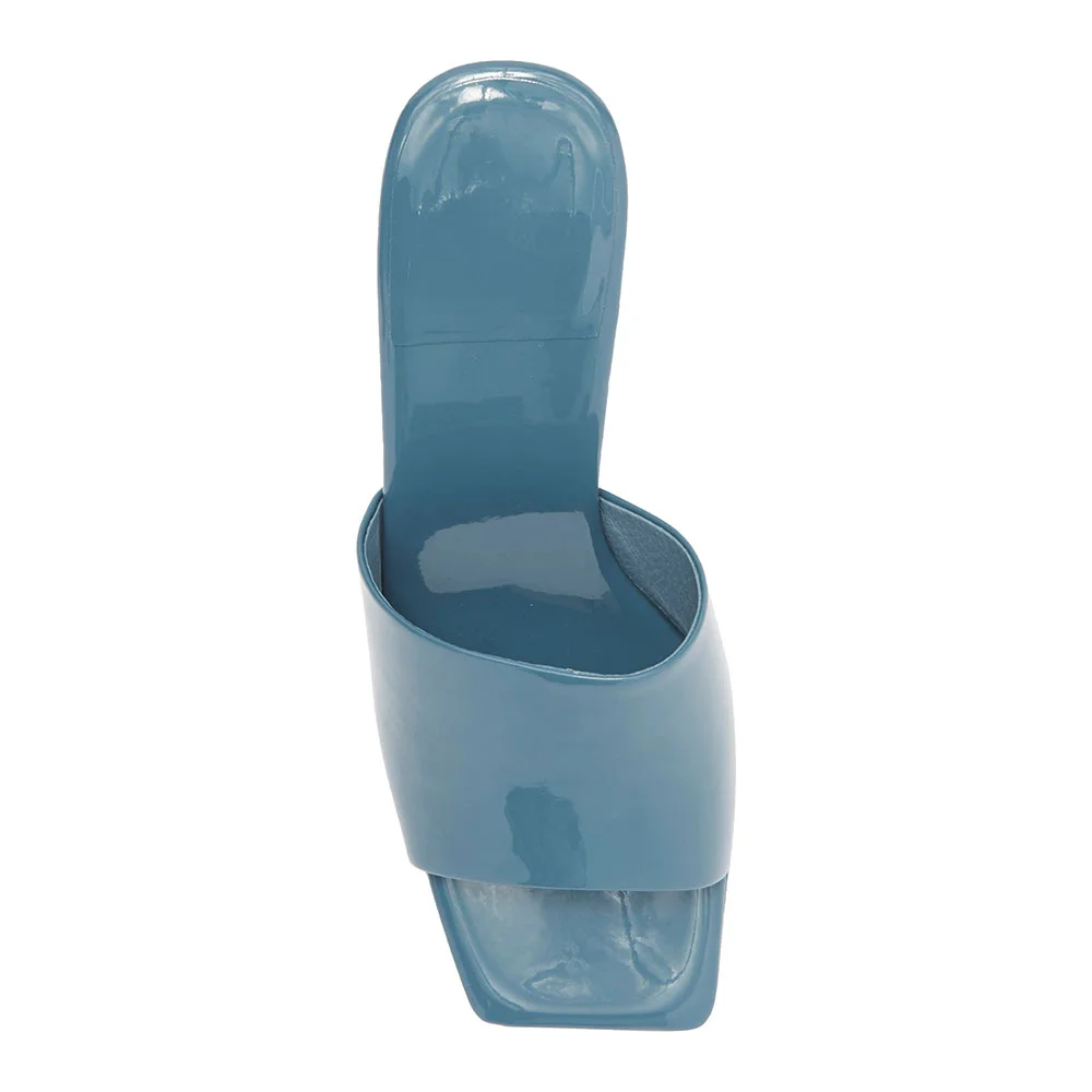 Dusty Blue Square Toe Chunky Heel Wide Strap Slides with Platform