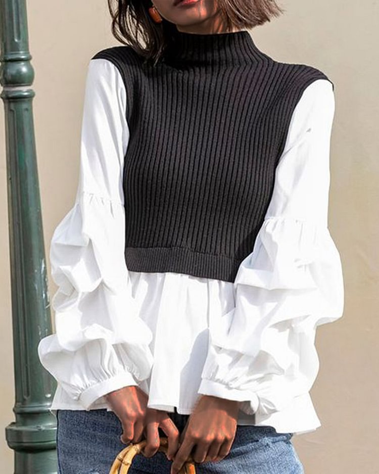 Stand Collar Solid Knit Sweater Blouse