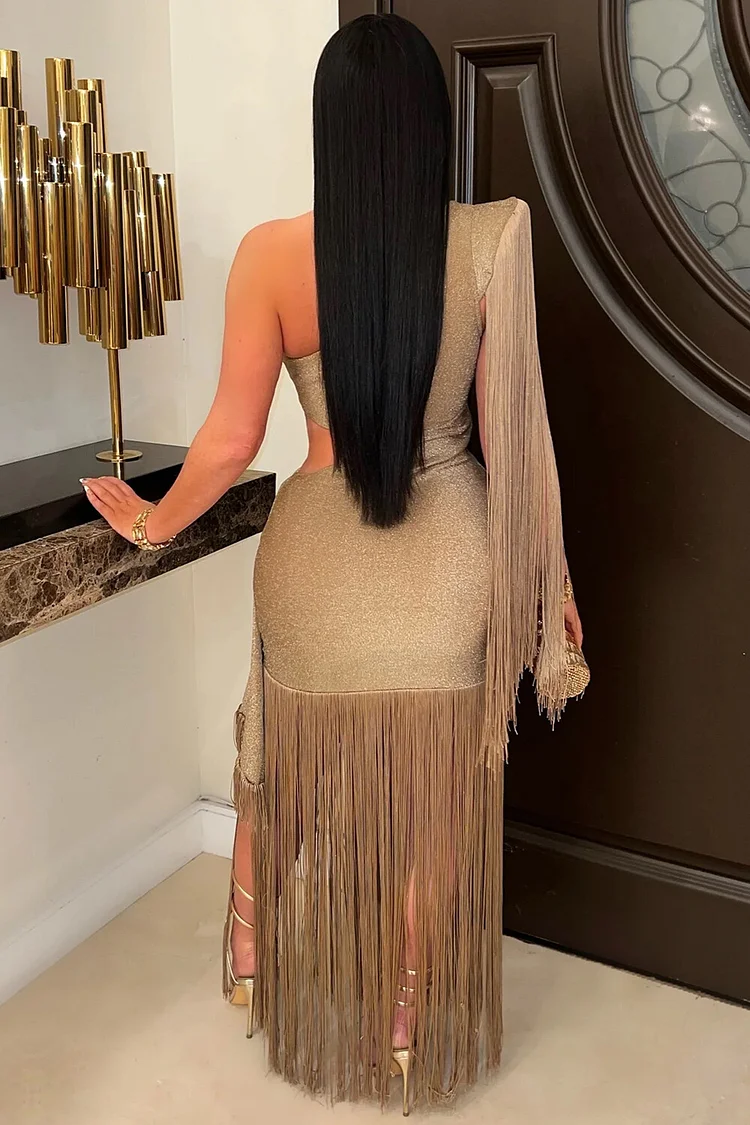 One Shoulder Cutout Shimmering Bodycon Fringed Maxi Dresses-Brown