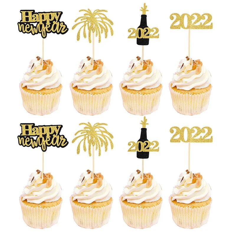 2022 Happy New Year Gold Number Foil Balloons Paper Banner Navidad New Year Eve Christmas Party Decoration Cupcake Toppers