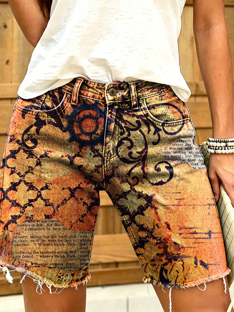 Women's Retro Art Print Casual Washed Cotton Denim Shorts
