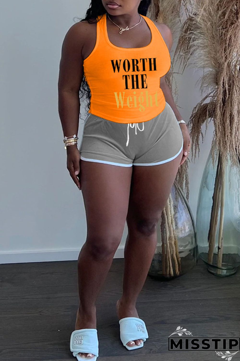 Khaki Casual Letter Patchwork U Neck Plus Size Two Pieces