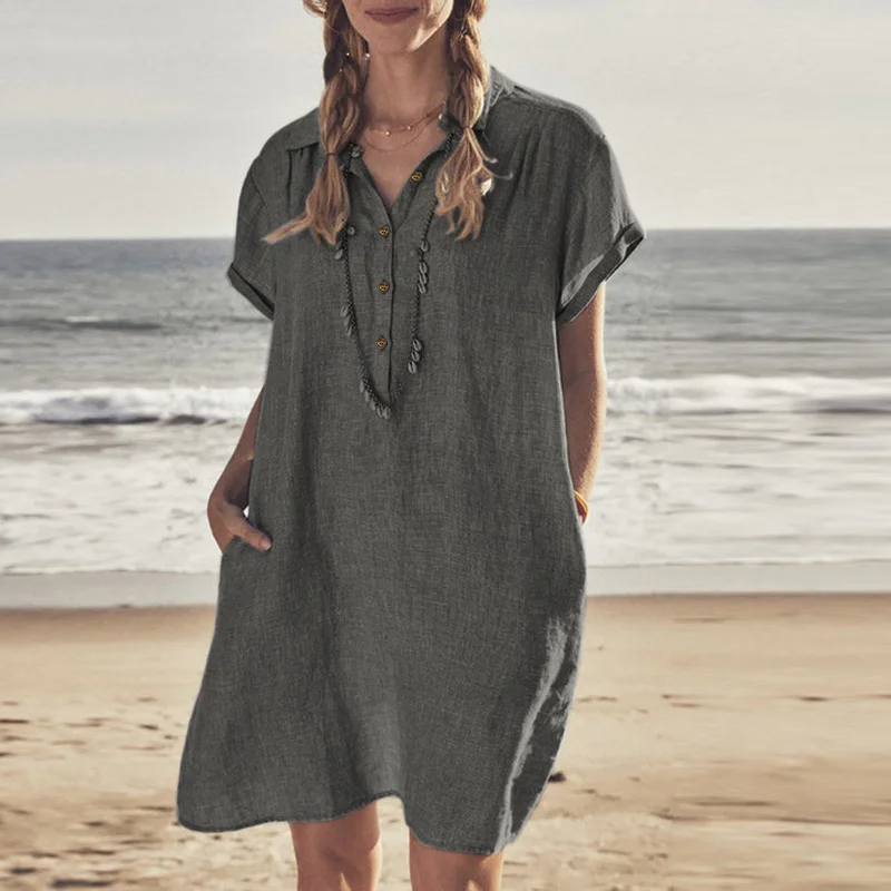 Smiledeer Summer cotton and linen solid color short-sleeved shirt collar dress