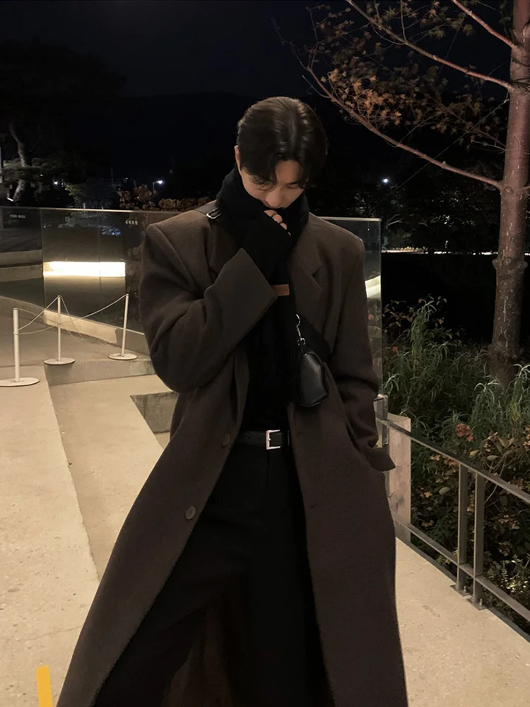Aonga Autumn Winter Long Warm Woolen Coat Men Shoulder Pads Single Breasted Wool & Blends Overcoat Loose Korean Fashion aonga